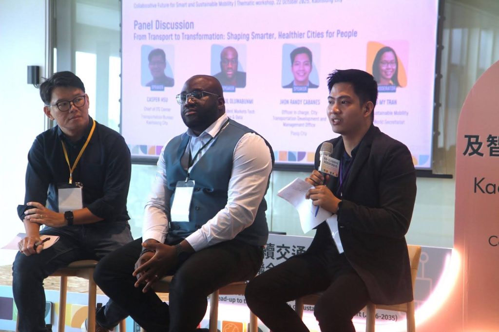 (From left to right) Casper Hsu (Kaohsiung City), Paul Oluwabunmi (OPEC Fund for International Development), and Jhon Randy Cabanes (Pasig City) engage in a panel discussion regarding the key role of mobility in shaping smarter and healthier cities for the people.