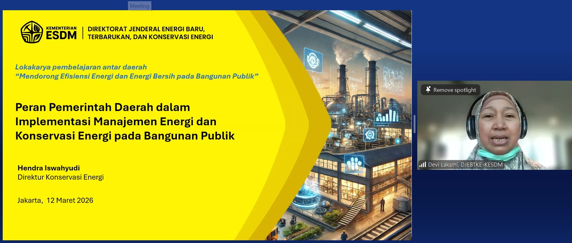 Devi Laksmi, Coordinator for Energy Conservation Development at the Directorate of Energy Conservation, Indonesian Ministry of Energy and Mineral Resources (MEMR), is seen presenting on the national policy direction for energy efficiency on 12 March 2026. 